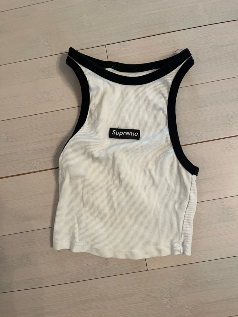 Supreme White Ribbed Crop Tank with Black Trim